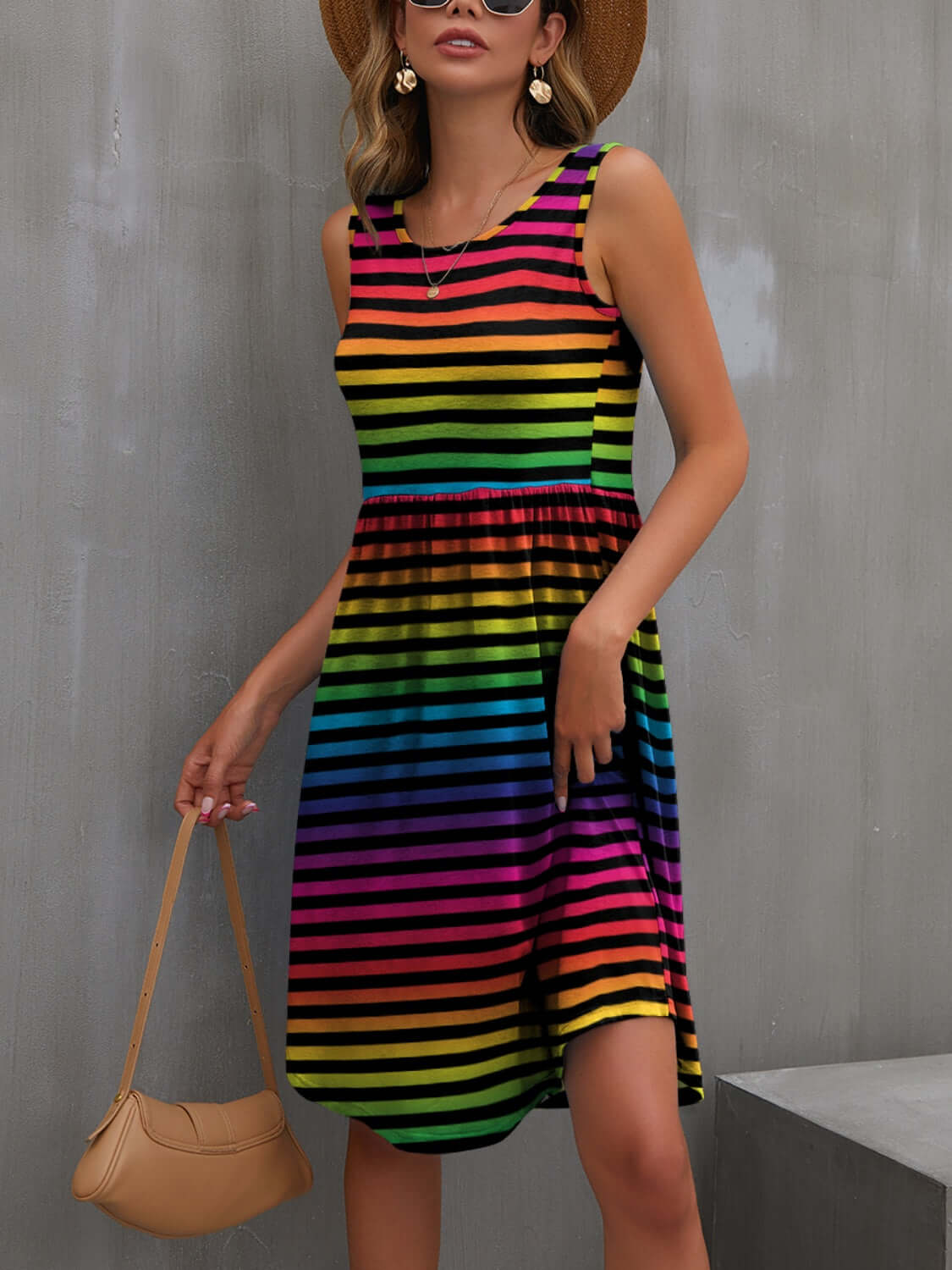 FAM-FAM round neck mini dress with colorful stripes, perfect for summer outings, featuring sleeveless design and flattering fit.