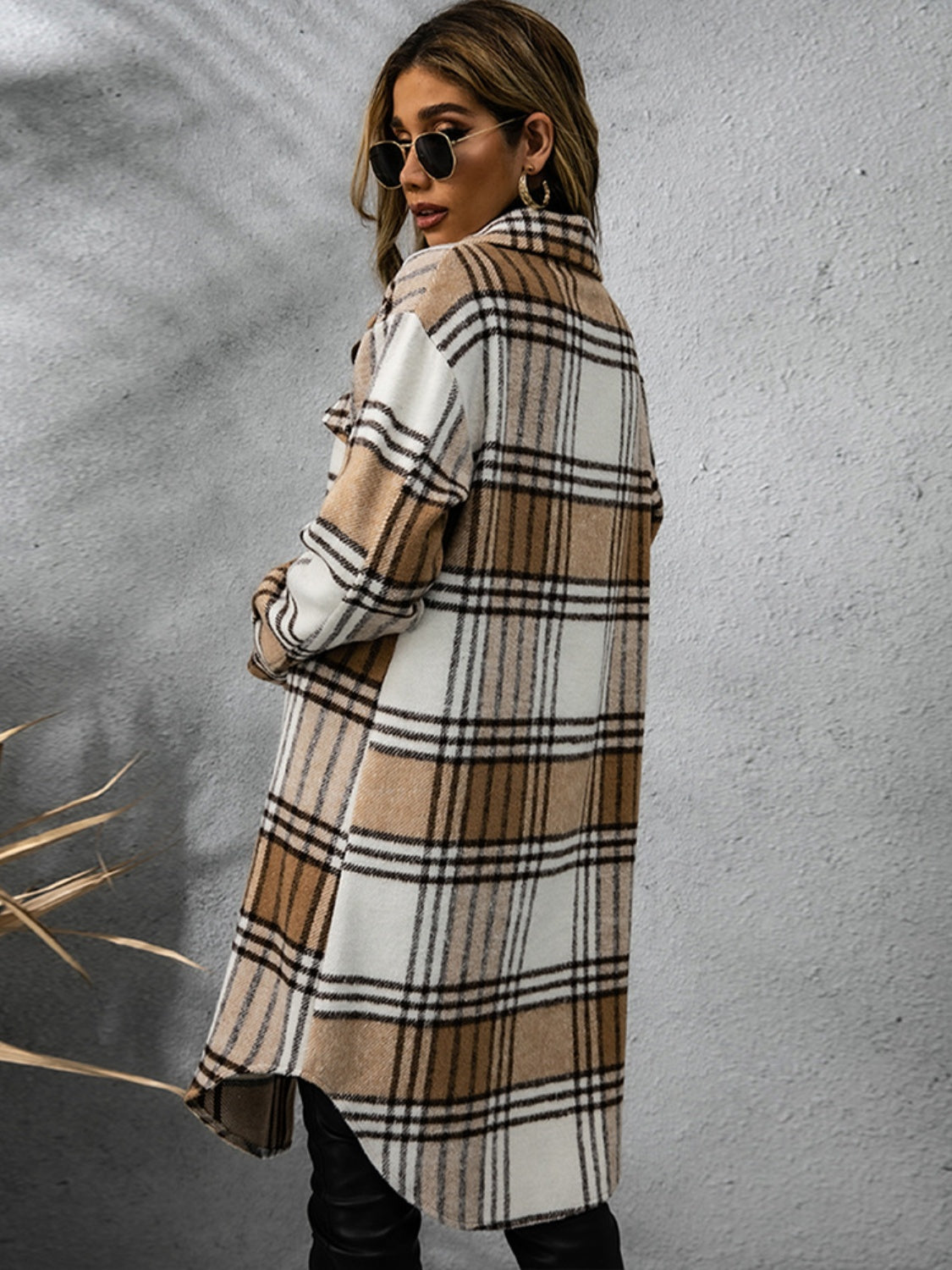 Plaid collared long sleeve coat in beige and white, perfect for stylish layering during chilly months.