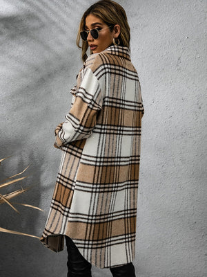 Plaid collared long sleeve coat in beige and white, perfect for stylish layering during chilly months.