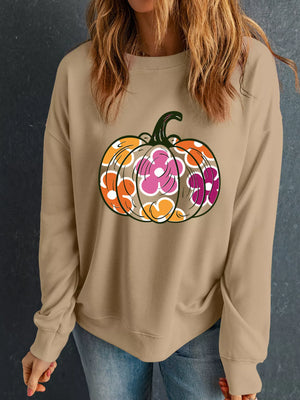 Halloween floral pumpkin graphic on beige drop shoulder sweatshirt, perfect for festive fall style.