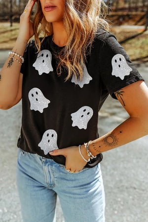 Black short sleeve t-shirt featuring glitter ghost prints, perfect for a fun, casual look.