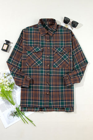 Plaid button-up long sleeve jacket in brown and green, styled with sunglasses and flowers, perfect for casual wear.