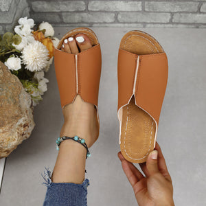 Stylish PU leather open toe sandals in tan color, featuring a comfortable low heel and chic design.