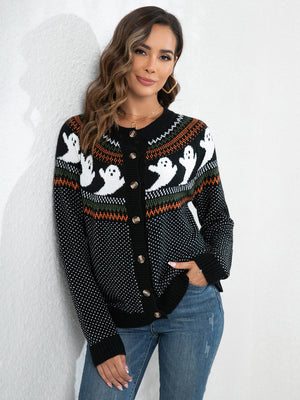 Ghost Button Up Long Sleeve Cardigan with playful ghost design, perfect for stylish autumn outfits.
