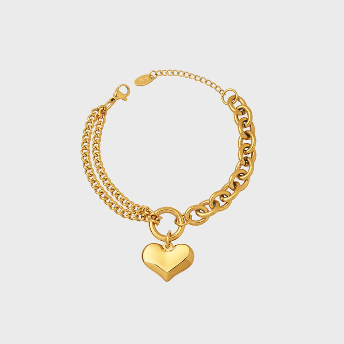 Half chunky chain titanium steel bracelet with heart charm, 5.9 in length and stylish gold finish.