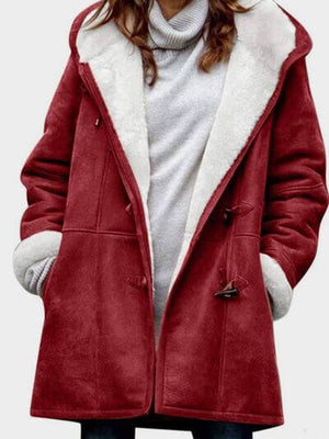 Full size long sleeve hooded toggle jacket in red, featuring buttoned pockets and soft lining.