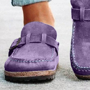 Purple round toe low heel buckle loafers for women, comfortable and stylish footwear.