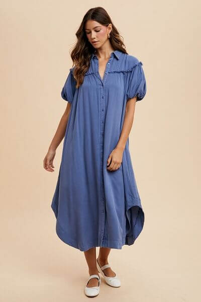 Mineral Washed Button Down Puff Sleeve Shirt Dress in blue, featuring a feminine silhouette and stylish button-down design.