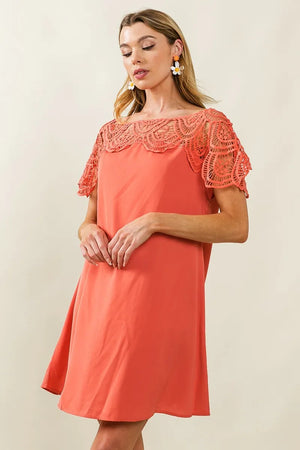 BiBi Crochet Lace Yoke Detailed Wrinkled Dress in coral, featuring intricate crochet lace and a stylish, relaxed fit.