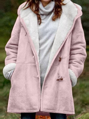 Full size pocketed long sleeve hooded toggle jacket in soft pink, perfect for layering and casual outings.