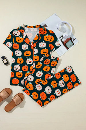 Pumpkin printed short sleeve top and pants lounge set with playful Halloween design and cozy styling.
