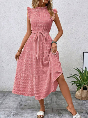Tied ruffled cap sleeve midi dress in pink, featuring a stylish belt and flared hem for a chic summer look.
