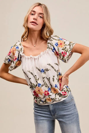SO ME Floral Embroidered Two Way Off The Shoulder Blouse with colorful floral accents and ruffled sleeves.