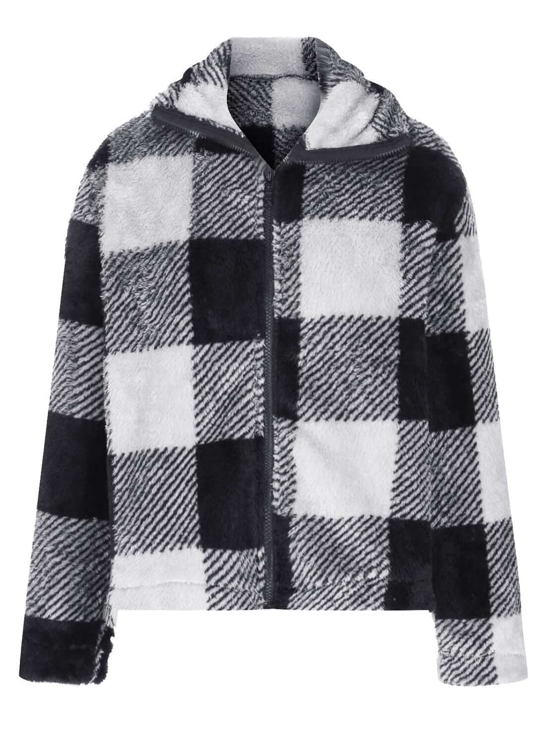 Full Size Plaid Zip Up Long Sleeve Jacket in black and white, stylish and cozy for layering on chilly days.