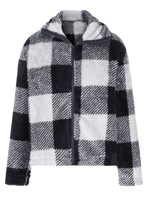 Full Size Plaid Zip Up Long Sleeve Jacket in black and white, stylish and cozy for layering on chilly days.