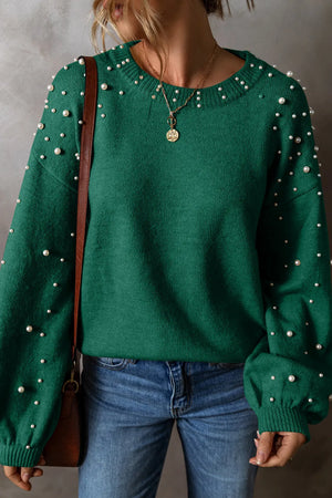 Green round neck long sleeve sweater with pearl details, perfect for casual and stylish outfits.