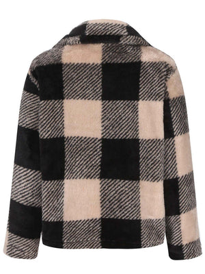 Back view of a cozy full-size plaid zip-up long sleeve jacket in black and beige.