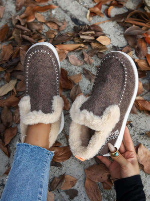 Furry suede round toe flat sneakers in brown with faux fur trim, perfect for comfort and style.