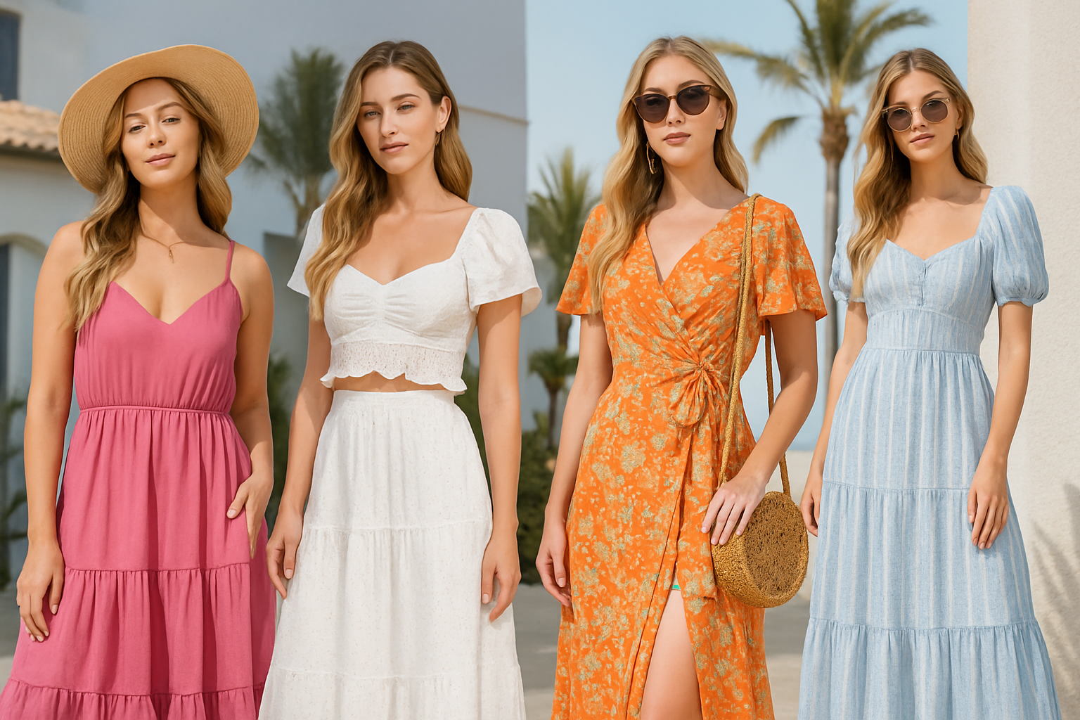 Four women wearing different colored dresses with palm trees in the background