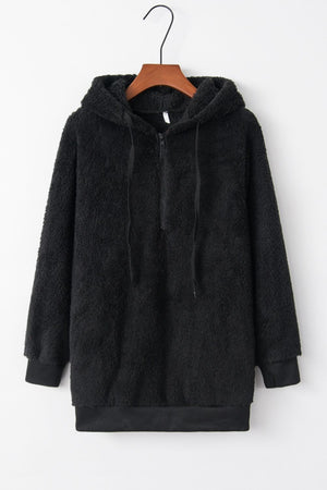 Full size black teddy hoodie with quarter-zip, drawstring hood, and pocket, perfect for cozy comfort.