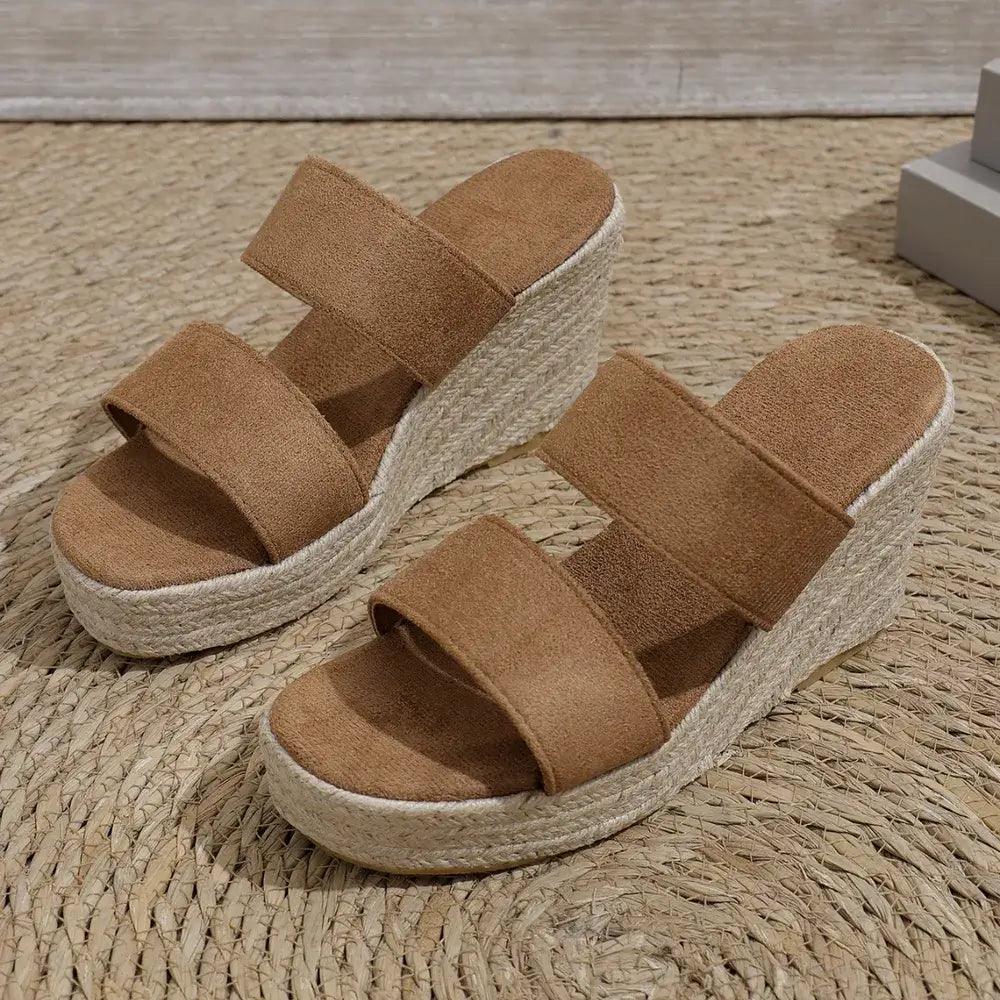 Open toe platform wedge sandals in brown suede with espadrille-style sole, perfect for summer outfits.