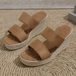 Open toe platform wedge sandals in brown suede with espadrille-style sole, perfect for summer outfits.