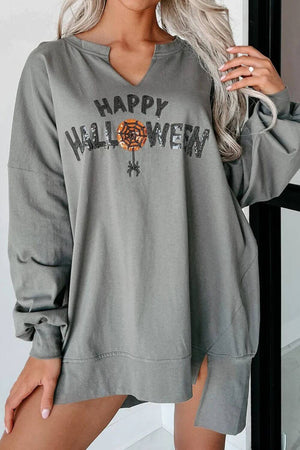 Happy Halloween long sleeve sweatshirt in olive green with sequins and high-low hem style.