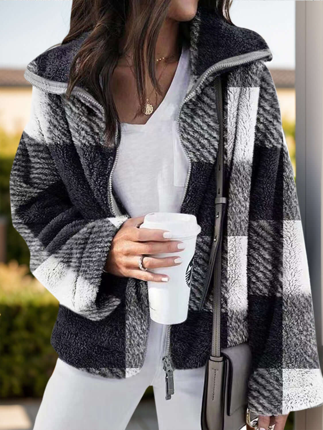 Full Size Plaid Zip Up Long Sleeve Jacket in grey hues, perfect for cozy layering and casual outings.