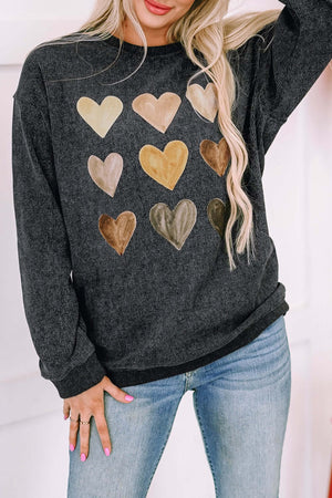 Heart round neck dropped shoulder sweatshirt in dark gray with colorful heart prints, ideal for casual wear.