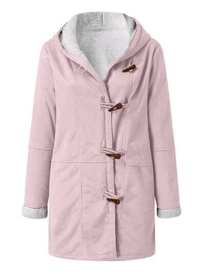 Full size pink pocketed long sleeve hooded toggle jacket designed for comfort and style.