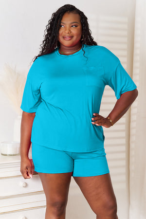 Basic Bae full size soft rayon half sleeve top and shorts set in bright turquoise, perfect for casual wear and lounging.