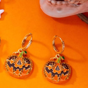 Halloween pumpkin drop earrings featuring 18K gold-plated design with rhinestones, perfect for festive occasions.