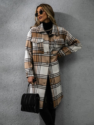 Chic plaid collared coat with long sleeves, button-up front, and pockets, styled with sunglasses and a handbag.