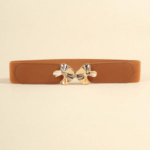 Stylish alloy buckle elastic belt in tan PU material, 23.6 inches long and 2.4 inches wide, perfect for versatile outfits.