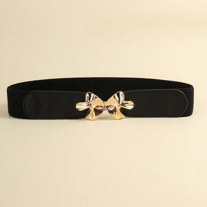 Stylish black alloy buckle elastic belt with a chic bow design, perfect for enhancing outfits. Length: 23.6 in, Width: 2.4 in.
