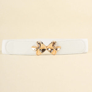 Stylish white PU elastic belt featuring a unique alloy buckle for a fashionable look, measuring 23.6 in length and 2.4 in width.