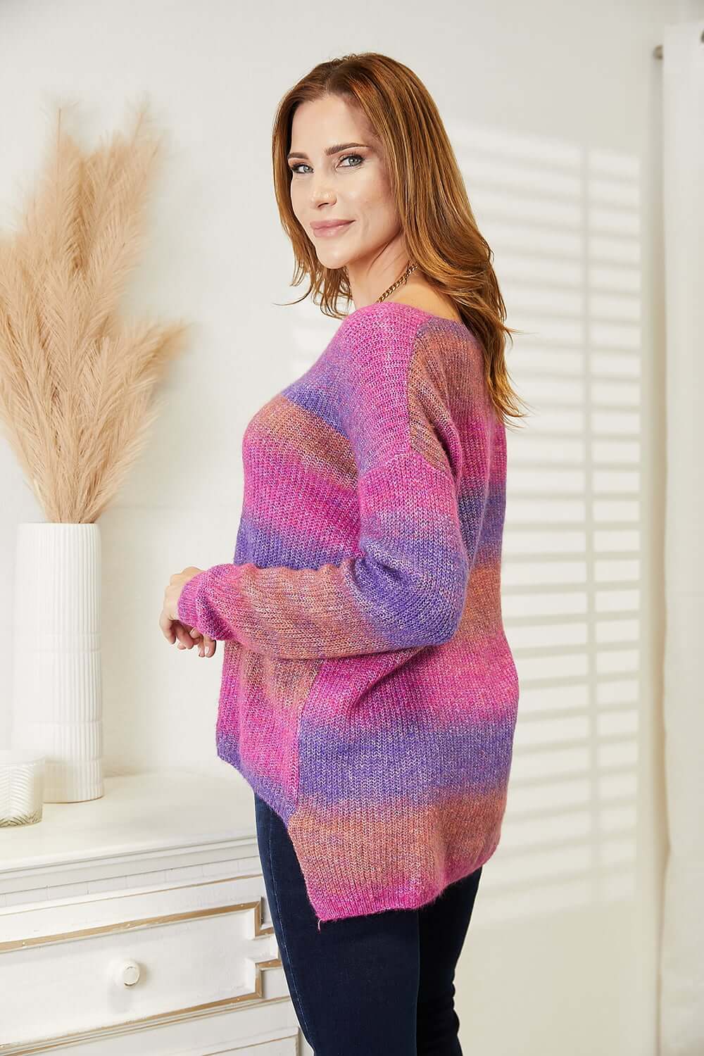 Angel Wings Multicolored Rib-Knit V-Neck Knit Pullover worn by model with a relaxed fit and vibrant colors.