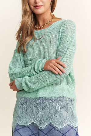 J.NNA lace detail long sleeve knit top in mint green, featuring intricate lace accents and a cozy fit.