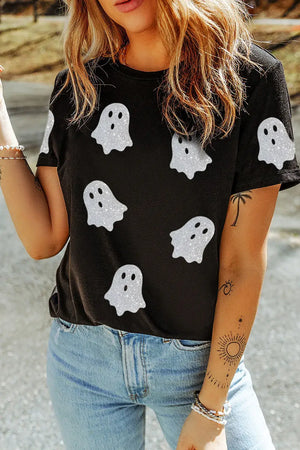 Glitter Ghost Round Neck Short Sleeve T-Shirt featuring white ghost prints on a black background, perfect for Halloween.
