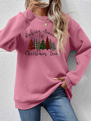 Pink Christmas tree graphic sweatshirt with text 'Rocking Around the Christmas Tree', perfect for festive celebrations.