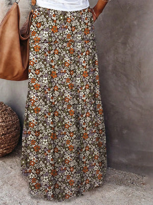 Floral print maxi skirt with earthy tones, perfect for casual outings, paired with a simple white top and a stylish handbag.