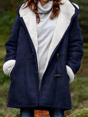 Full size pocketed long sleeve hooded toggle jacket in navy, featuring soft lining and a stylish design.