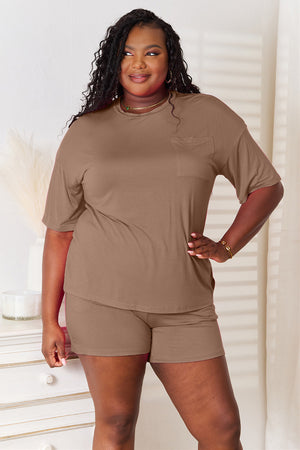 Basic Bae soft rayon half-sleeve top and shorts set in brown, perfect for casual outings and lounging.