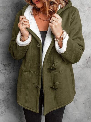 Woman wearing a full size pocketed long sleeve hooded toggle jacket in olive green.