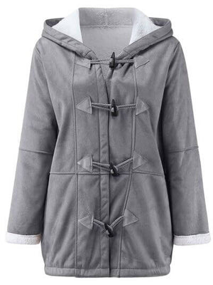 Full size pocketed long sleeve hooded toggle jacket in gray, featuring buttoned front and casual style.