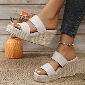 Open toe platform wedge sandals in beige with mid heel, perfect for casual summer outings.