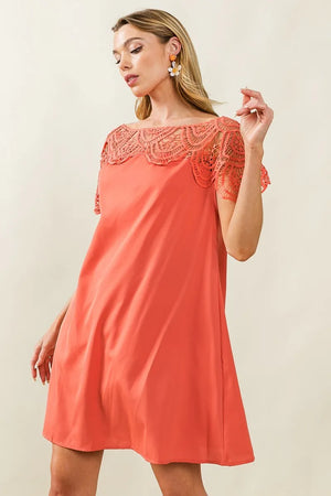 Coral BiBi Crochet Lace Yoke Dress with wrinkled texture, perfect for a stylish bohemian look.
