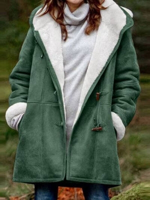 Full size pocketed long sleeve hooded toggle jacket in green with fleece lining, perfect for stylish warmth and comfort.