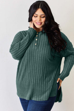 Basic Bae ribbed half button long sleeve high-low t-shirt in green, featuring a relaxed fit and stylish slit details.