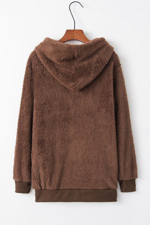 Back view of full size quarter-zip drawstring teddy hoodie in cozy brown, featuring a soft texture and adjustable hood.